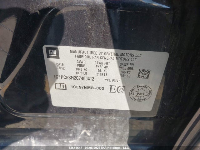 Aukcja sprzedaży 2012 Chevrolet Cruze Ls, vin: 1G1PC5SH2C7400412, numer aukcji: 12641647