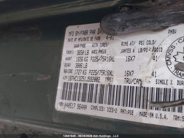 12641649 :رقم المزاد ، 1B7HC13Z51J592002 vin ، 2001 Dodge Ram 1500 مزاد بيع