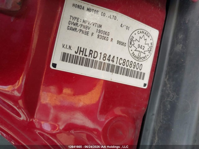 12641665 :رقم المزاد ، JHLRD18441C808900 vin ، 2001 Honda Cr-v Lx مزاد بيع