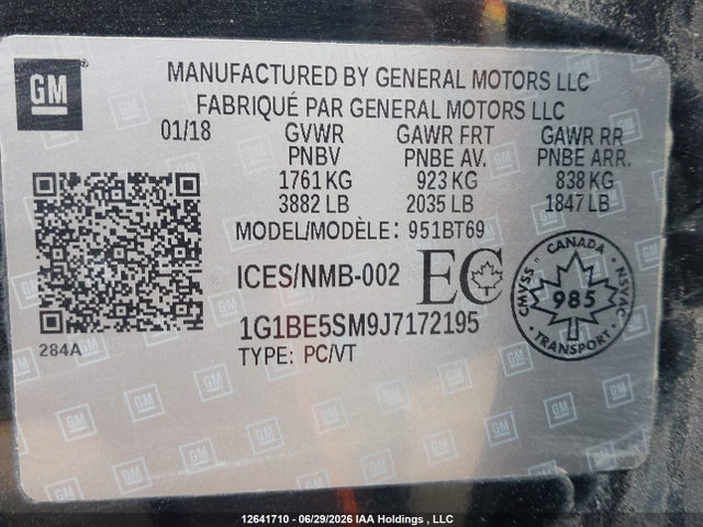 1G1BE5SM9J7172195 Chevrolet Cruze Lt Auto