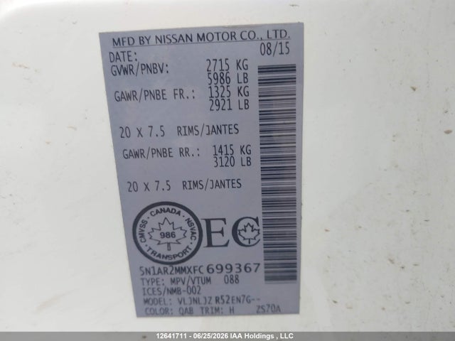 12641711 :رقم المزاد ، 5N1AR2MMXFC699367 vin ، 2015 Nissan Pathfinder S/sv/sl/platinum مزاد بيع