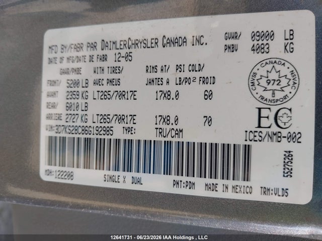 12641731 :رقم المزاد ، 3D7KS28C86G192985 vin ، 2006 Dodge Ram 2500 Laramie مزاد بيع