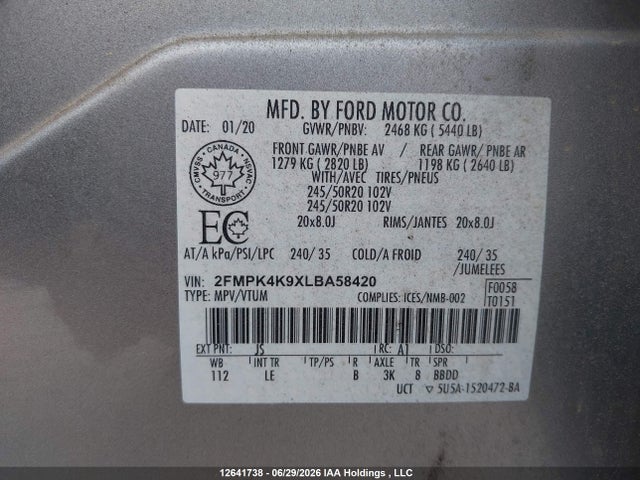 Aukcja sprzedaży 2020 Ford Edge Titanium, vin: 2FMPK4K9XLBA58420, numer aukcji: 12641738