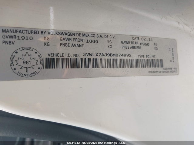 2011 Volkswagen Jetta 2.5l Sel მანქანა იყიდება აუქციონზე, vin: 3VWLX7AJ9BM074992, აუქციონის ნომერი: 12641742