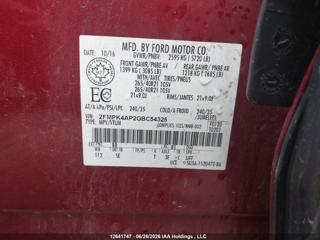 Ford EDGE SPORT 2016 2FMPK4AP2GBC54325 Image 9