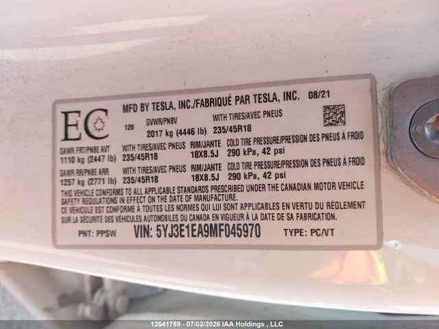 Продажа на аукционе авто 2021 Tesla Model 3 Standard Range/standard Range Plus, vin: 5YJ3E1EA9MF045970, номер лота: 12641759
