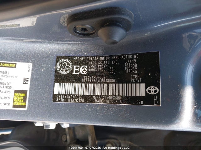 12641760 :رقم المزاد ، 5YFB4RBEXLP018686 vin ، 2020 Toyota Corolla Se مزاد بيع