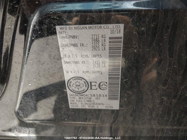 Aukcja sprzedaży 2019 Nissan Pathfinder Platinum/s/sl Premium/sv Tech, vin: 5N1DR2MM5KC585834, numer aukcji: 12641762