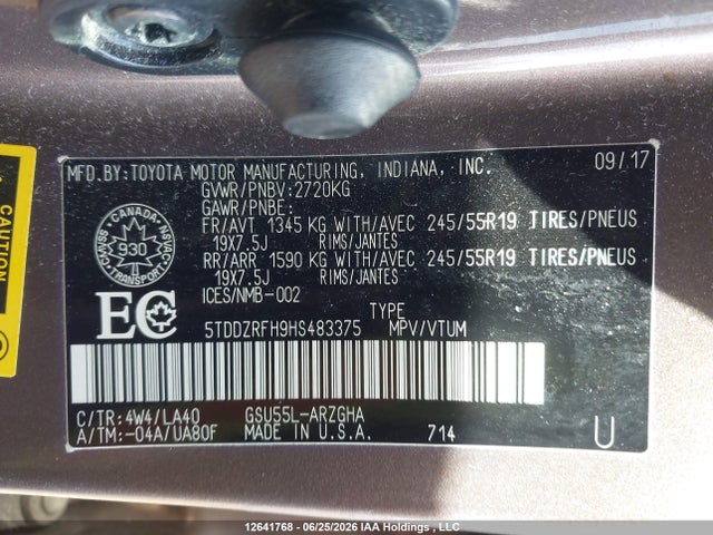Toyota Highlander Limited 2017 5TDDZRFH9HS483375 Image 9