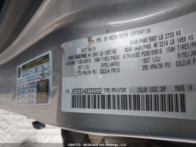 Продажа на аукционе авто 2011 Mazda Cx-9 Gs, vin: JM3TB3CA4B0302222, номер лота: 12641773