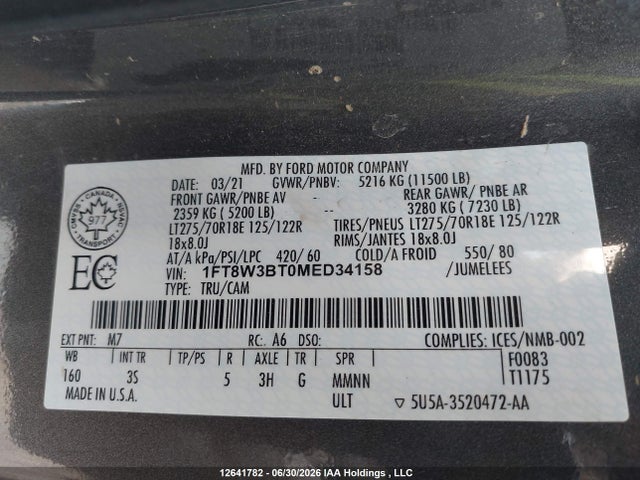 Aukcja sprzedaży 2021 Ford F-350 King Ranch/lariat/limited/platinum/xl/xlt, vin: 1FT8W3BT0MED34158, numer aukcji: 12641782