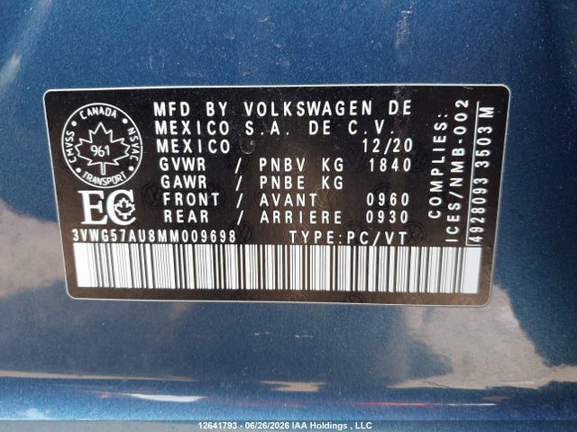 Volkswagen Golf 2021 3VWG57AU8MM009698 Image 9