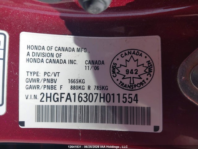 Продажа на аукционе авто 2007 Honda Civic Dx-g, vin: 2HGFA16307H011554, номер лота: 12641831
