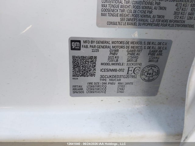Aukcja sprzedaży 2026 Chevrolet Silverado K1500 Lt, vin: 3GCUKDED3TG207951, numer aukcji: 12641840