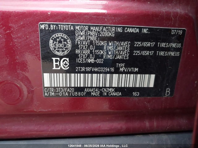 Продаж на аукціоні авто 2019 Toyota Rav4 Xle/xle Premium, vin: 2T3R1RFV4KC029416, номер лоту: 12641848