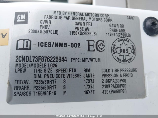 Aukcja sprzedaży 2007 Chevrolet Equinox Lt, vin: 2CNDL73F876225944, numer aukcji: 12634960