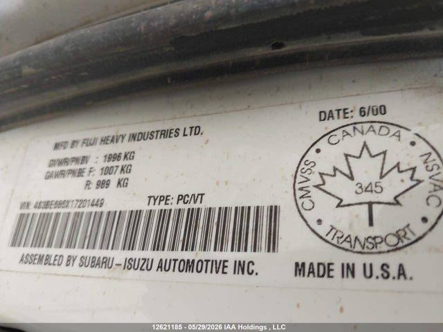 12621185 :رقم المزاد ، 4S3BE686X17201449 vin ، 2001 Subaru Outback Limited مزاد بيع