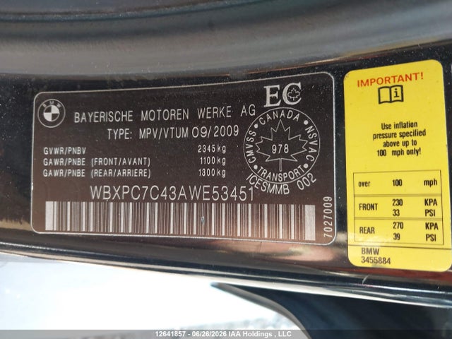 Aukcja sprzedaży 2010 Bmw X3 Xdrive28i, vin: WBXPC7C43AWE53451, numer aukcji: 12641857