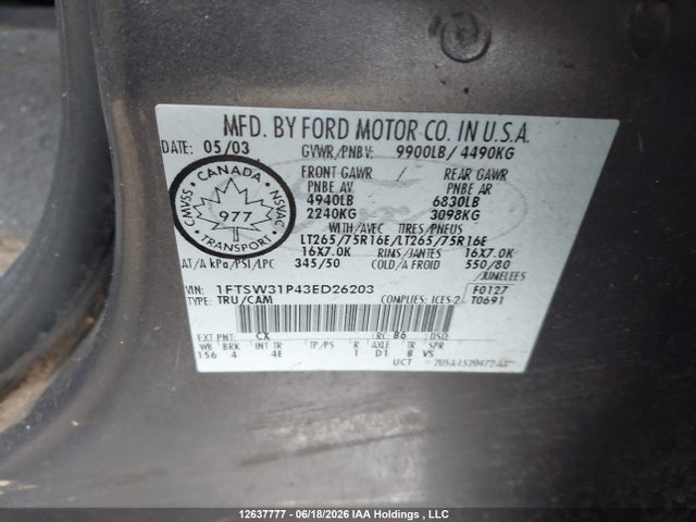 2003 Ford F-350 Lariat/xl/xlt მანქანა იყიდება აუქციონზე, vin: 1FTSW31P43ED26203, აუქციონის ნომერი: 12637777