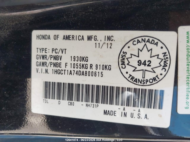Продаж на аукціоні авто 2013 Honda Accord Ex, vin: 1HGCT1A74DA800615, номер лоту: 12641874