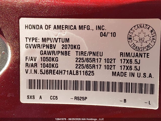 Продаж на аукціоні авто 2010 Honda Cr-v Ex-l, vin: 5J6RE4H71AL811625, номер лоту: 12641878