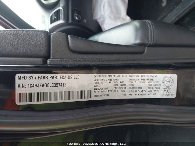12641880 :رقم المزاد ، 1C4RJFAG0LC357412 vin ، 2020 Jeep Grand Cherokee Altitude مزاد بيع