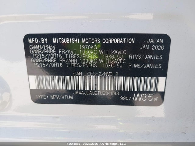 12641889 :رقم المزاد ، JA4AJUAU9TU604888 vin ، 2026 Mitsubishi Rvr Es مزاد بيع