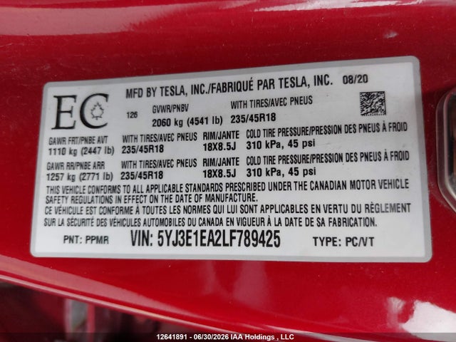 5YJ3E1EA2LF789425 Tesla Model 3 Standard Range Plus