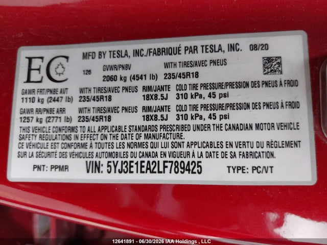 Продажа на аукционе авто 2020 Tesla Model 3 Standard Range Plus, vin: 5YJ3E1EA2LF789425, номер лота: 12641891