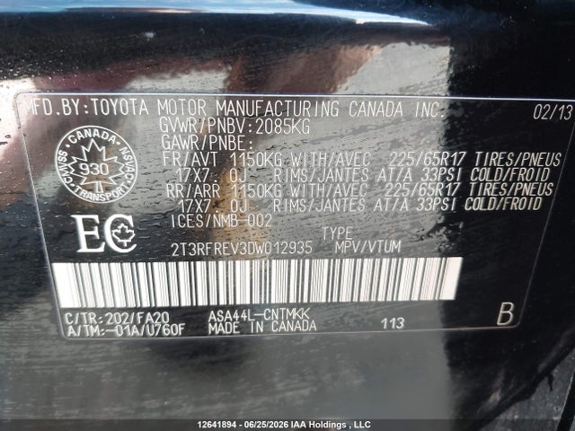 2013 Toyota Rav4 Xle მანქანა იყიდება აუქციონზე, vin: 2T3RFREV3DW012935, აუქციონის ნომერი: 12641894