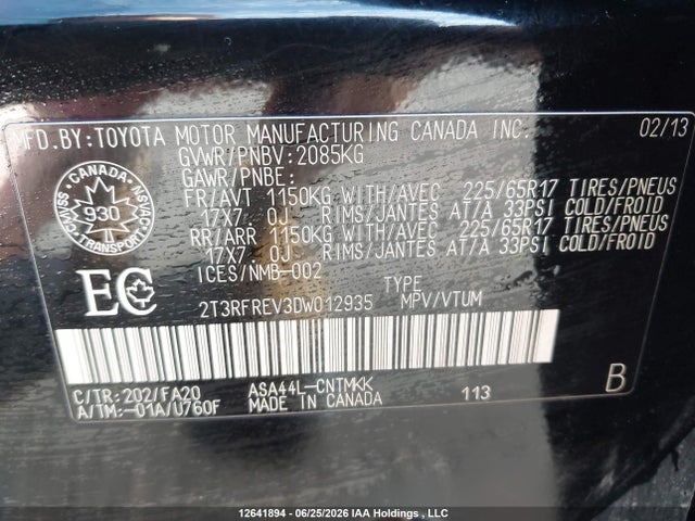 2013 Toyota Rav4 Xle მანქანა იყიდება აუქციონზე, vin: 2T3RFREV3DW012935, აუქციონის ნომერი: 12641894