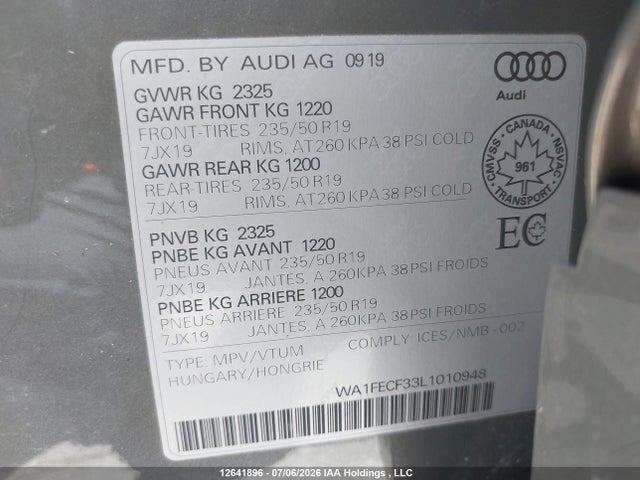 12641896 :رقم المزاد ، WA1FECF33L1010948 vin ، 2020 Audi Q3 45 Technik مزاد بيع