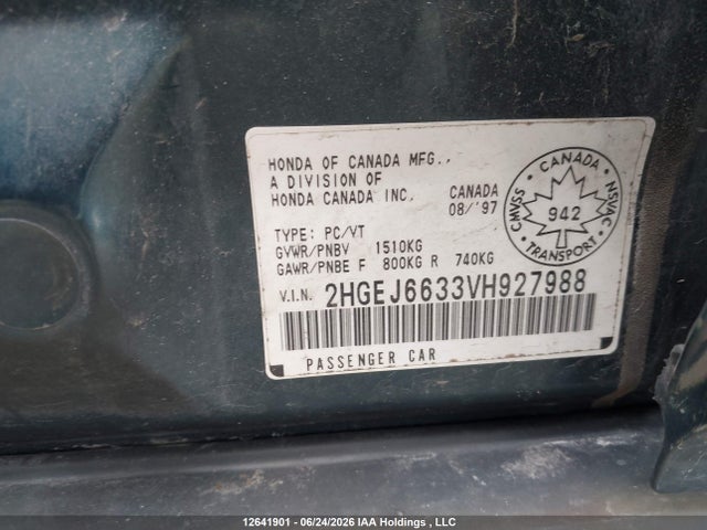 1997 Honda Civic Lx მანქანა იყიდება აუქციონზე, vin: 2HGEJ6633VH927988, აუქციონის ნომერი: 12641901