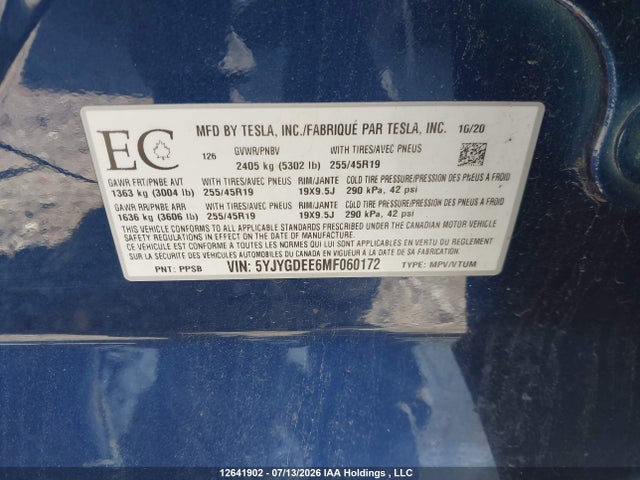 Tesla Model Y Long Range 2021 5YJYGDEE6MF060172 Image 9