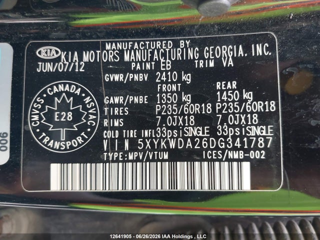 12641905 :رقم المزاد ، 5XYKWDA26DG341787 vin ، 2013 Kia Sorento مزاد بيع