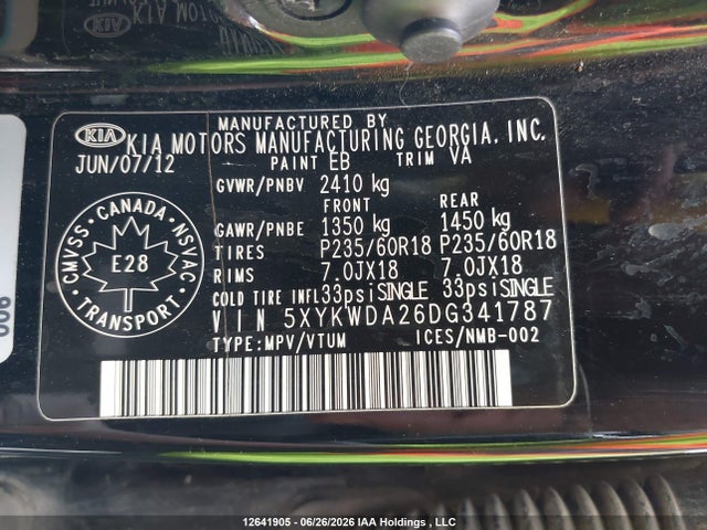 12641905 :رقم المزاد ، 5XYKWDA26DG341787 vin ، 2013 Kia Sorento مزاد بيع