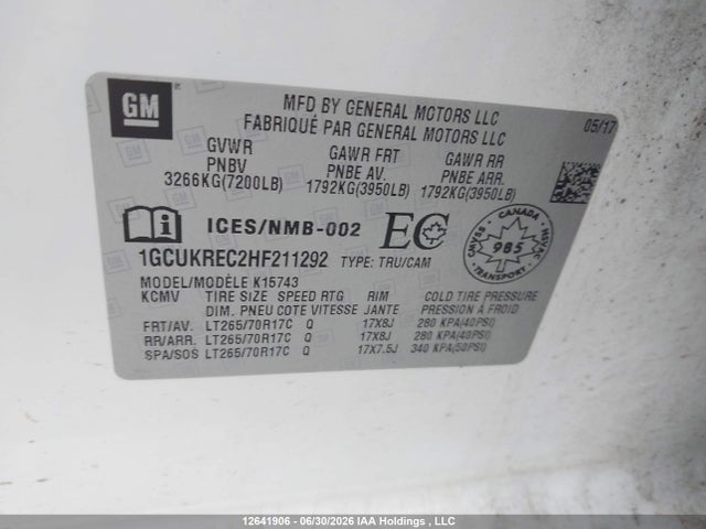 1GCUKREC2HF211292 Chevrolet Silverado K1500 Lt