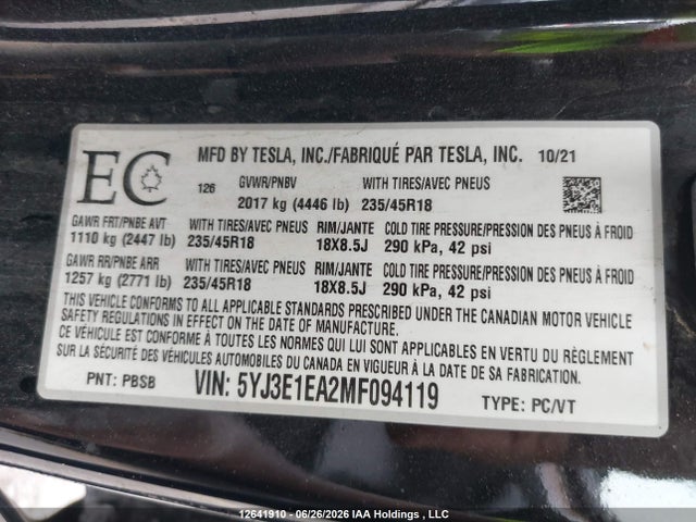 Auction sale of the 2021 Tesla Model 3 Standard Range/standard Range Plus, vin: 5YJ3E1EA2MF094119, lot number: 12641910