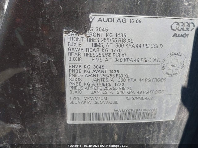 12641915 :رقم المزاد ، WA1JYCFE6AD002261 vin ، 2010 Audi Q7 Premium مزاد بيع