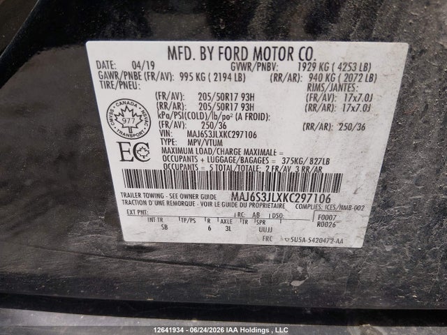 MAJ6S3JLXKC297106 Ford Ecosport Ses