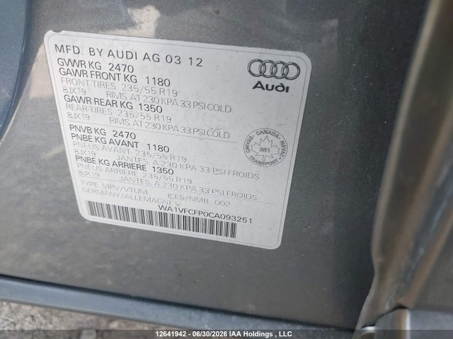 2012 Audi Q5 2.0t Premium Plus მანქანა იყიდება აუქციონზე, vin: WA1VFCFP0CA093251, აუქციონის ნომერი: 12641942
