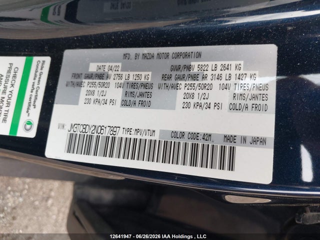 Продаж на аукціоні авто 2022 Mazda Cx-9 Gt/kuro Edition, vin: JM3TCBDY2N0617897, номер лоту: 12641947