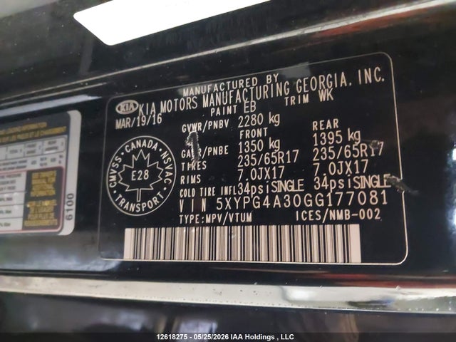 2016 Kia Sorento 2.4l Lx მანქანა იყიდება აუქციონზე, vin: 5XYPG4A30GG177081, აუქციონის ნომერი: 12618275