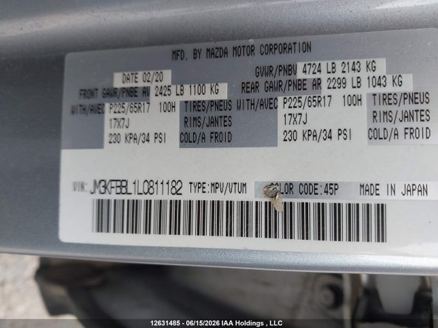 Продажа на аукционе авто 2020 Mazda Cx-5 Gx, vin: JM3KFBBL1L0811182, номер лота: 12631485
