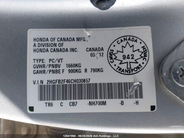 2012 Honda Civic Lx მანქანა იყიდება აუქციონზე, vin: 2HGFB2F46CH030857, აუქციონის ნომერი: 12641968