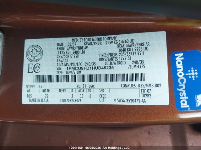 2017 Ford Escape S მანქანა იყიდება აუქციონზე, vin: 1FMCU9FD1HUD46235, აუქციონის ნომერი: 12641969