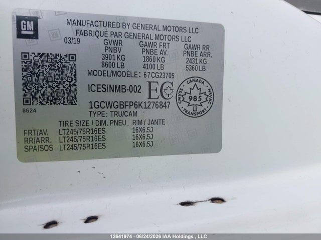 Aukcja sprzedaży 2019 Chevrolet Express G2500, vin: 1GCWGBFP6K1276847, numer aukcji: 12641974