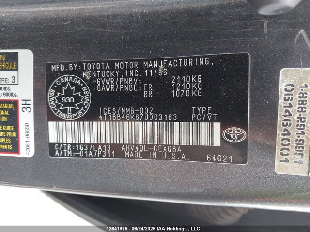 2007 Toyota Camry Hybrid მანქანა იყიდება აუქციონზე, vin: 4T1BB46K67U003163, აუქციონის ნომერი: 12641975