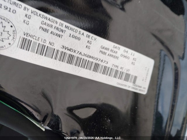12641979 :رقم المزاد ، 3VWDX7AJ6BM097473 vin ، 2011 Volkswagen Jetta Se مزاد بيع
