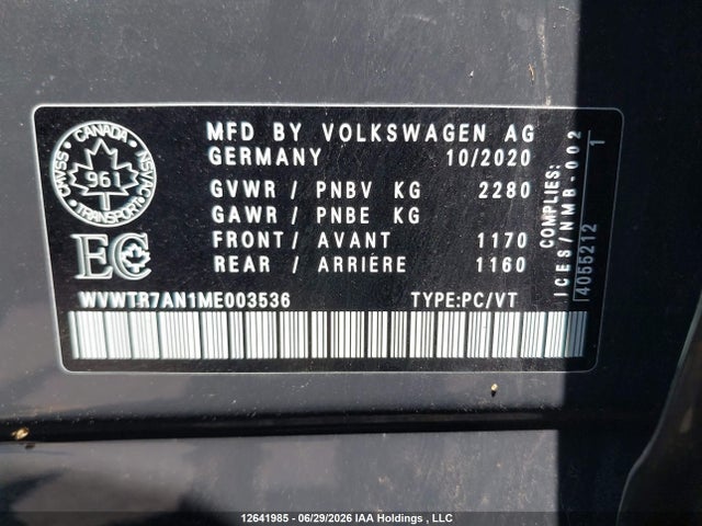 Продаж на аукціоні авто 2021 Volkswagen Arteon Execline, vin: WVWTR7AN1ME003536, номер лоту: 12641985